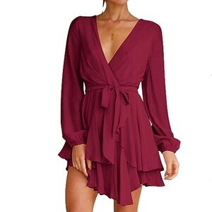 Dress Long Sleeve Dress V Neck Flowy Wine Red
Size- L